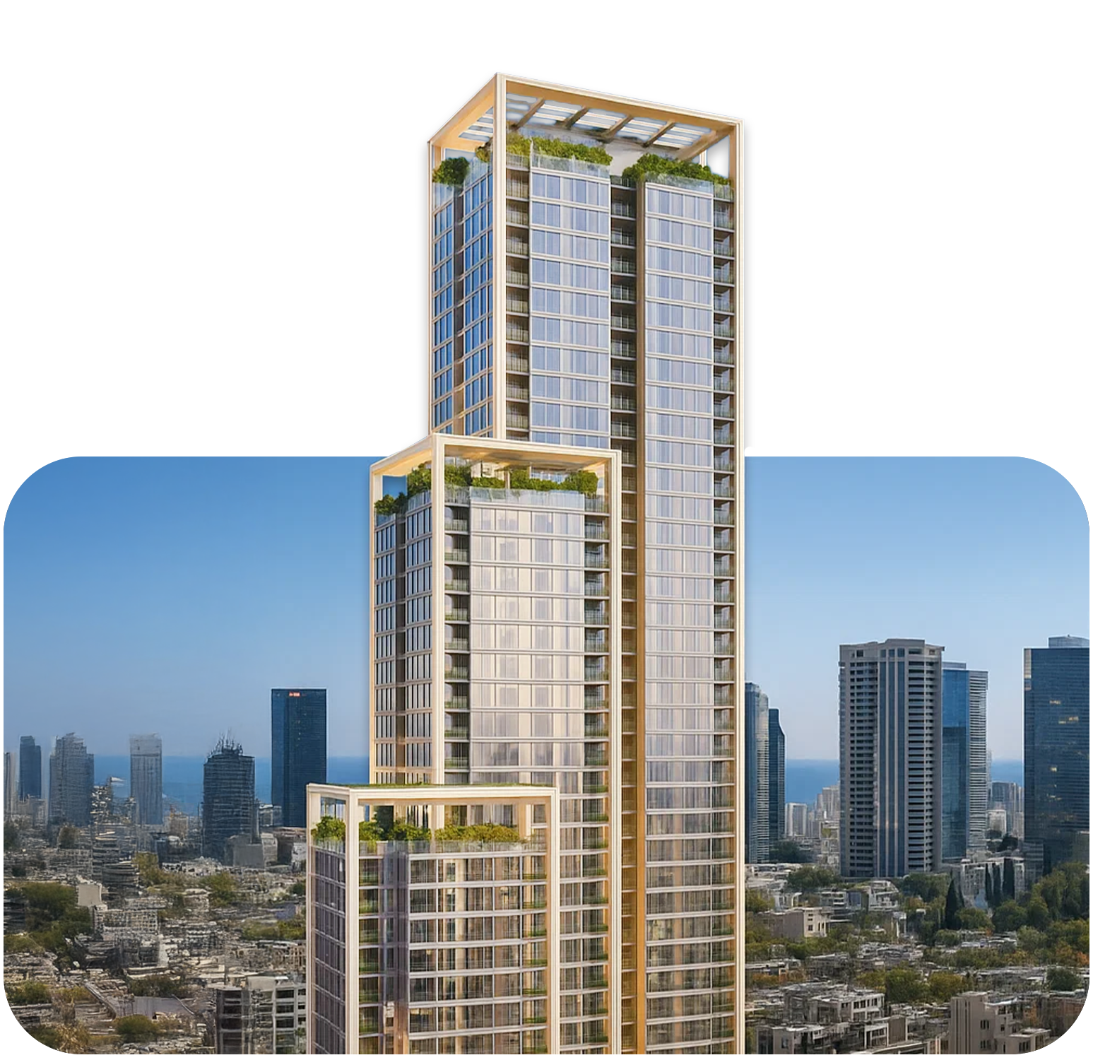 בניין מגורים גבוה עם עיצוב מודרני בתל אביב, כולל מרפסות וגג ירוק.